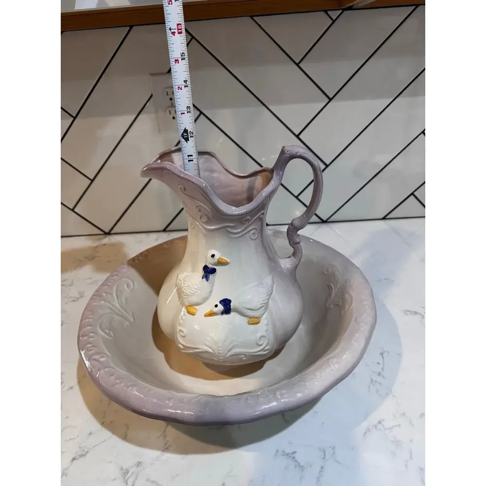 Ceramic goose pitcher & basin embossed geese floral scrollwork purple ombre rim